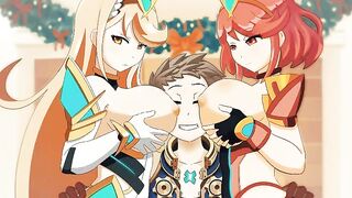 Mythra and Pyra massaging Rex with their big tasty boobs. (Xenoblade Chronicles 2)